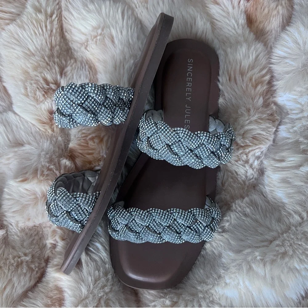 Sincerely Jules Braided Sandals - Sparkly silver rhinestone and Brown